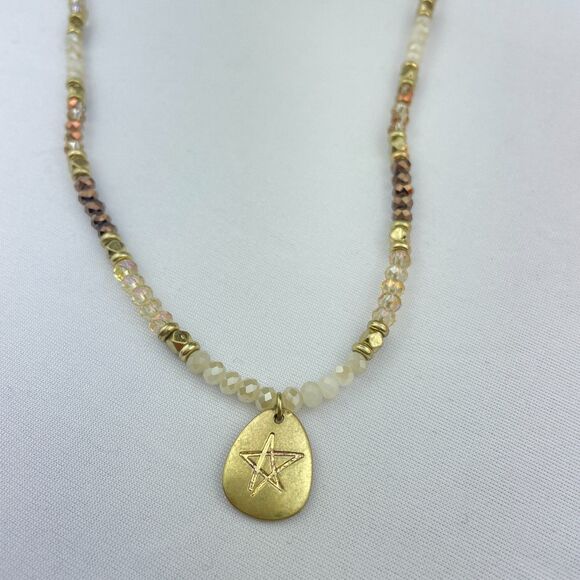 ~ Marlyn Schiff Necklace Beaded Gold Star 2-sided Crystals Neutral Brown Ivory - Picture 7 of 12